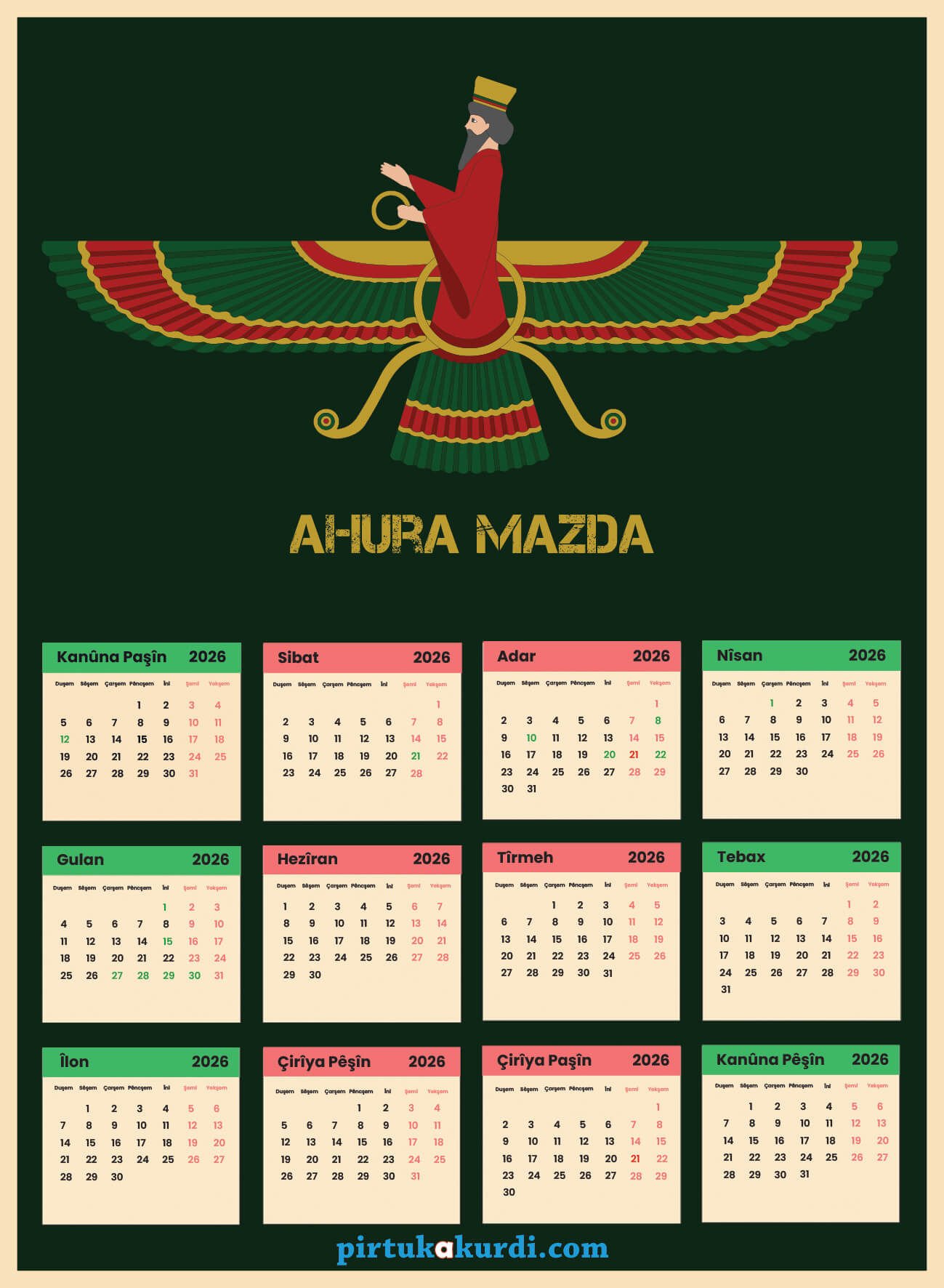 Salnameya Kurdi 2026an - 2026 Kürtçe Takvim - Ahura Mazda