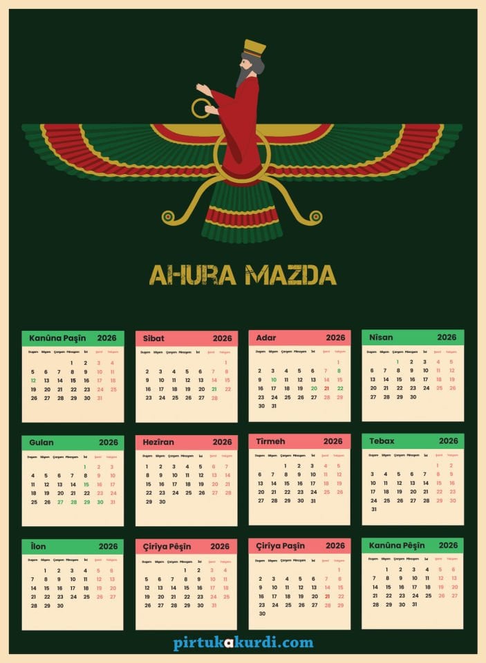 Salnameya Kurdi 2026an - 2026 Kürtçe Takvim - Ahura Mazda