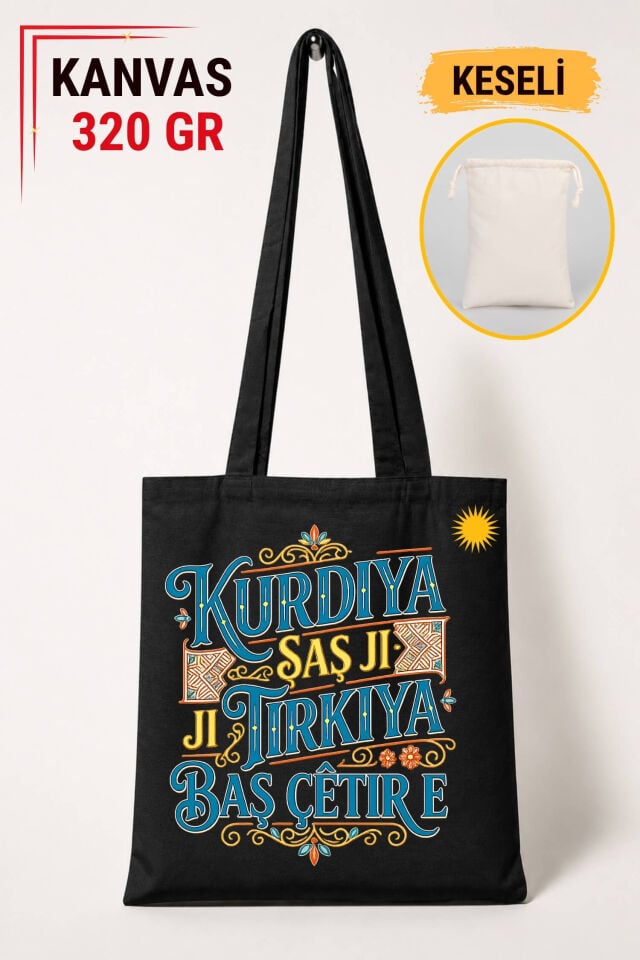 Kürtçe Kurdiya Şaş Ji Tirkiya Baş Çêtir e Tasarımlı Keseli Siyah Renkli 320 gr Kanvas Bez Çanta | %100 Pamuk