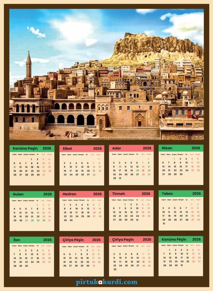 Salnameya Kurdi 2026an - 2026 Kürtçe Takvim - Mêrdîn - Mardin