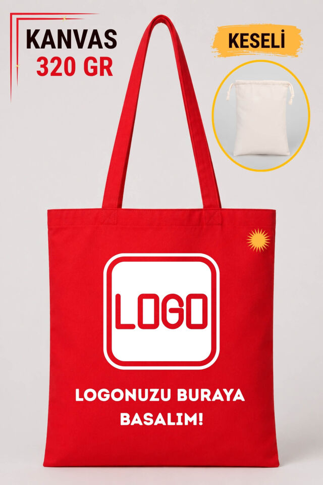 Firmalara Özel Logo Basmalı Keseli Kırmızı Renkli 320 gr Kanvas Bez Çanta | %100 Pamuk