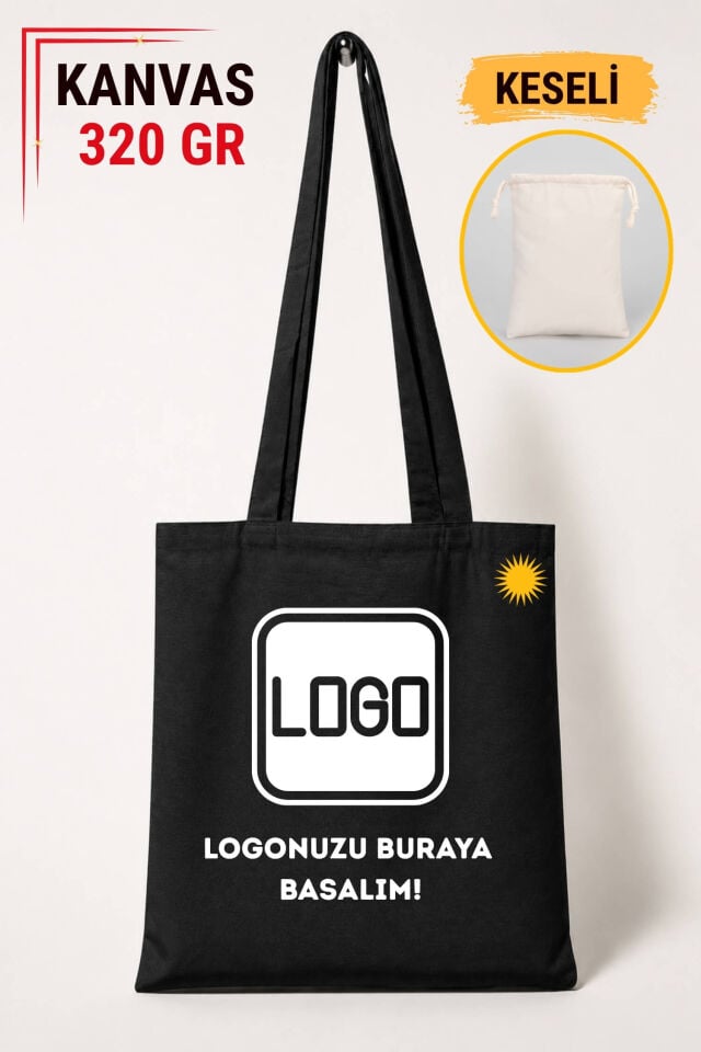 Firmalara Özel Logo Basmalı Keseli Siyah Renkli 320 gr Kanvas Bez Çanta | %100 Pamuk