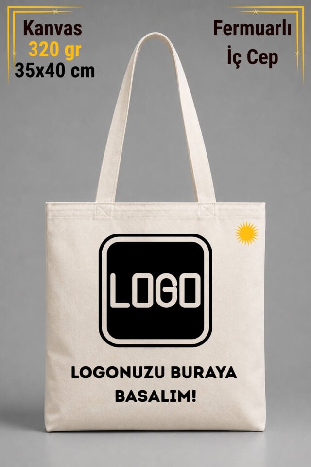 Firmalara Özel Logo Basmalı İÇ CEPLİ 320 gr Kanvas Bez Çanta | %100 Pamuk