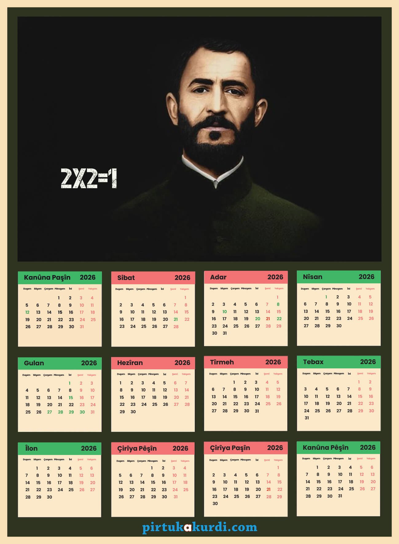 Salnameya Kurdi 2026an - 2026 Kürtçe Takvim - Qazi Muhammed