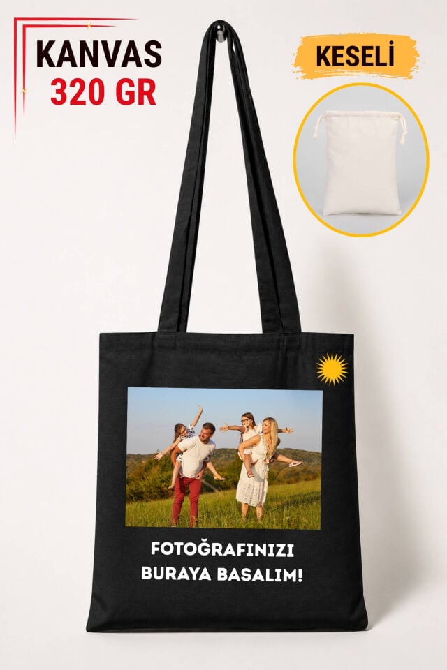 Kişiye Özel Resim Basmalı Keseli Siyah Renkli 320 gr Kanvas Bez Çanta | %100 Pamuk
