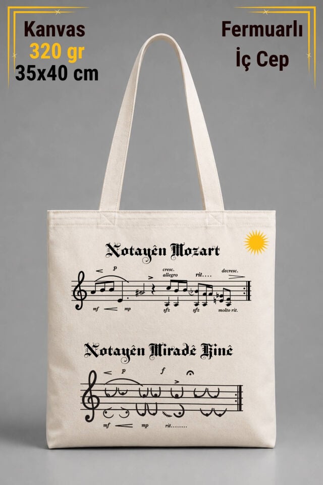 Notayên Miradê Kinê Mozart Tasarımlı İÇ CEPLİ 320 gr Kanvas Bez Çanta | %100 Pamuk