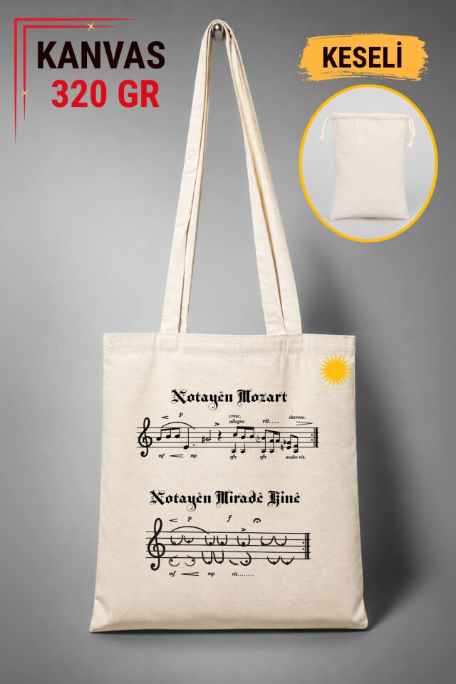 Notayên Miradê Kinê Mozart Tasarımlı Keseli Ham Renkli 320 gr Kanvas Bez Çanta | %100 Pamuk