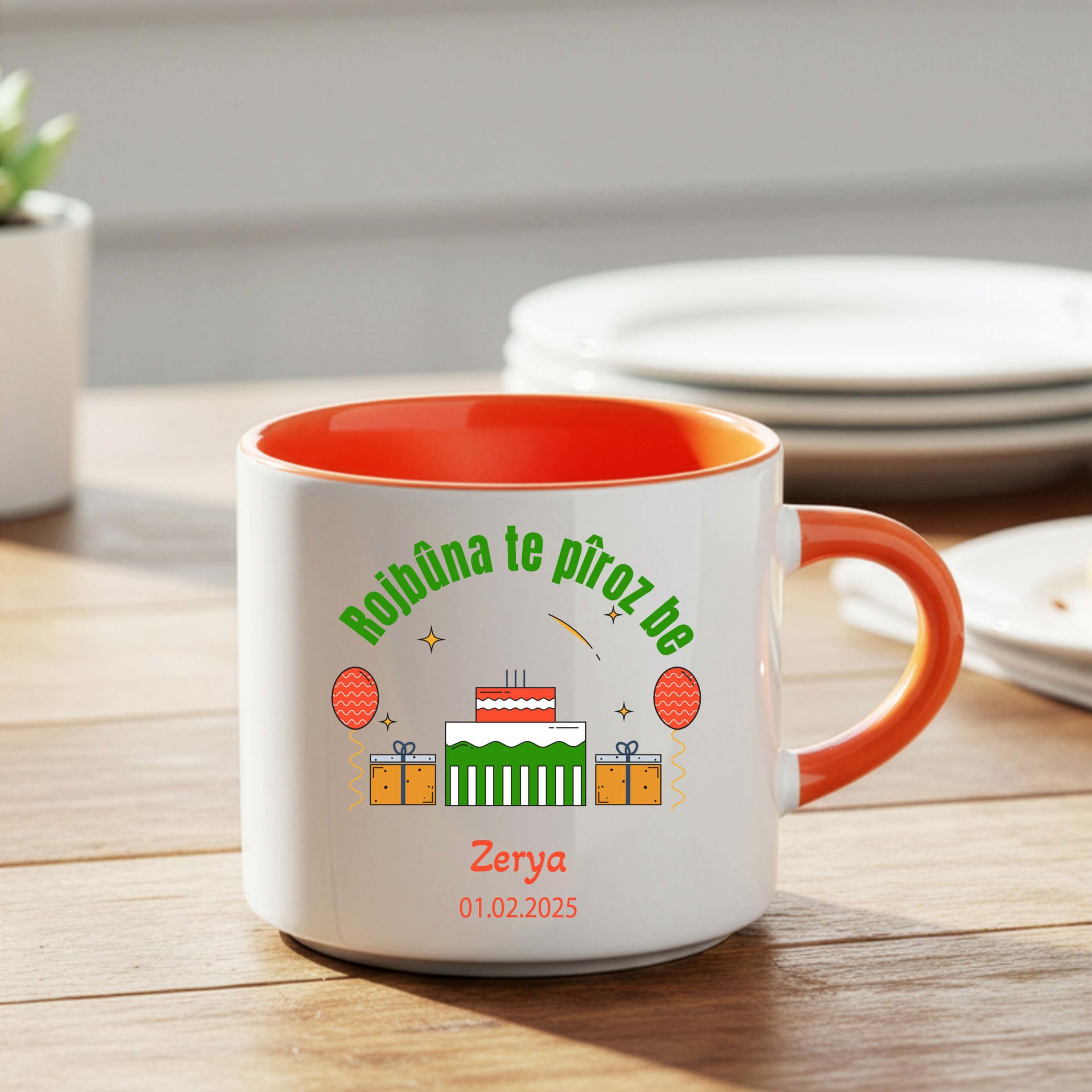 İsme Özel ve Doğum Tarihli Kürtçe Doğum Günü Kutlama Turuncu Renkli Nescafe Kupa Bardağı - Rojbûna Te Pîroz be Nescafe Kupa Bardak