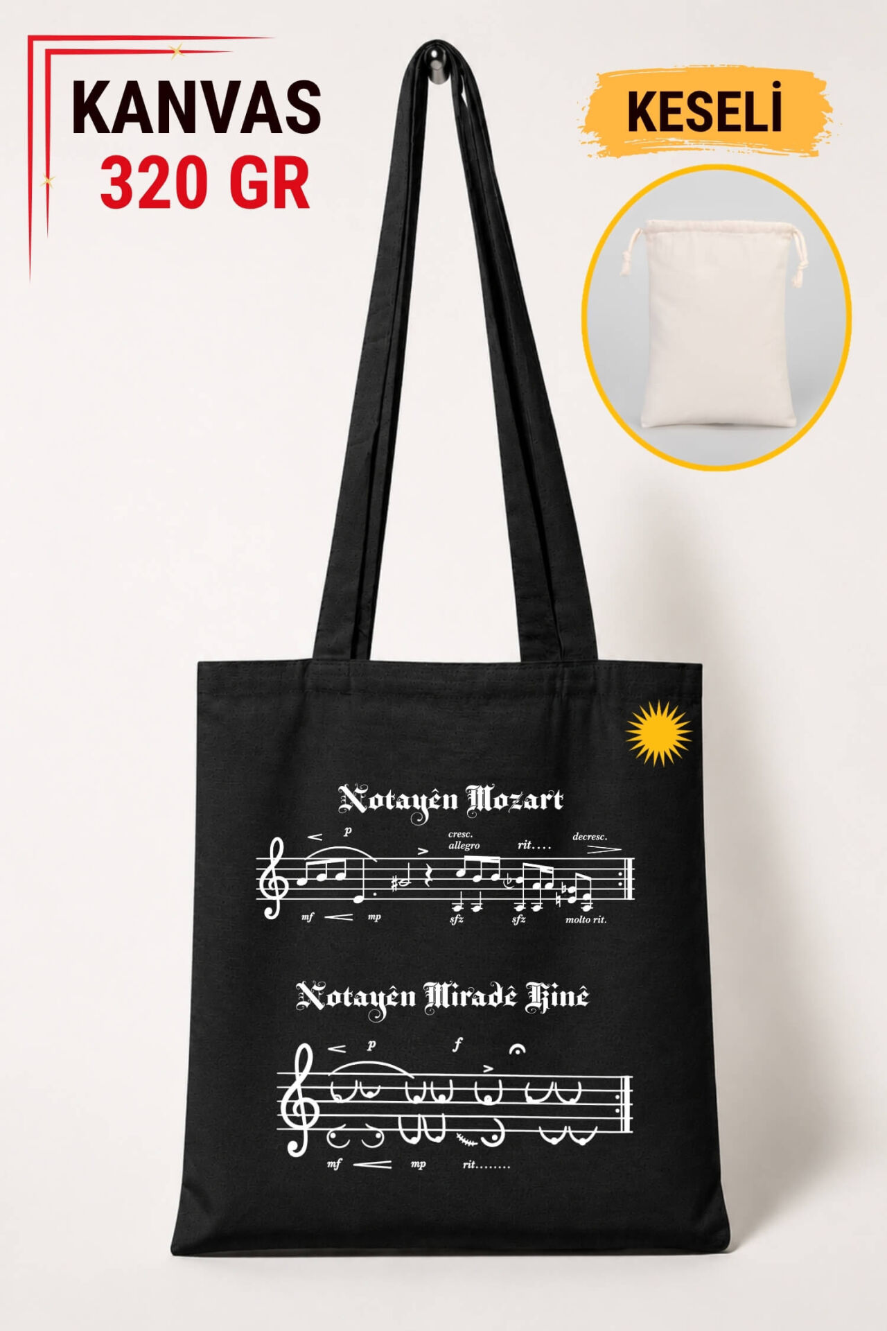 Notayên Miradê Kinê Mozart Tasarımlı Keseli Siyah Renkli 320 gr Kanvas Bez Çanta | %100 Pamuk