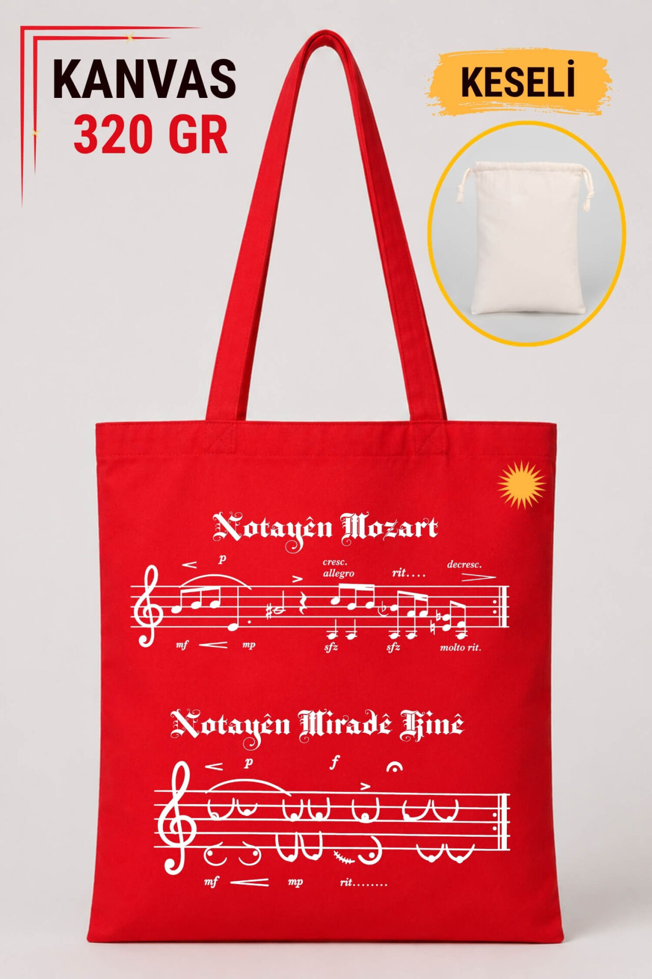 Notayên Miradê Kinê Mozart Tasarımlı Keseli Kırmızı Renkli 320 gr Kanvas Bez Çanta | %100 Pamuk