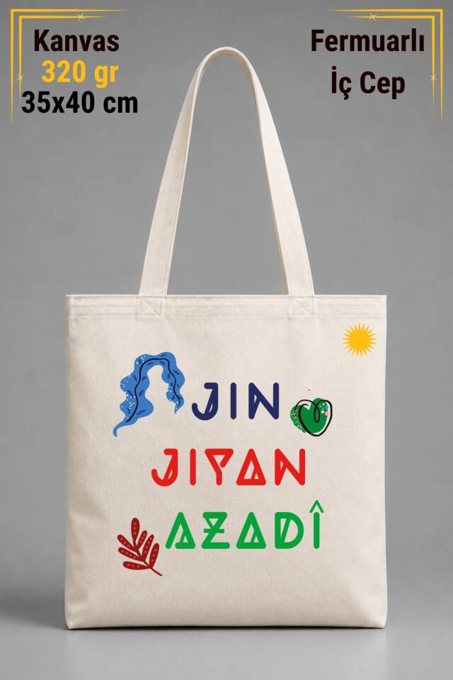 Jin Jiyan Azadi Tasarımlı İÇ CEPLİ 320 gr Kanvas Bez Çanta | %100 Pamuk
