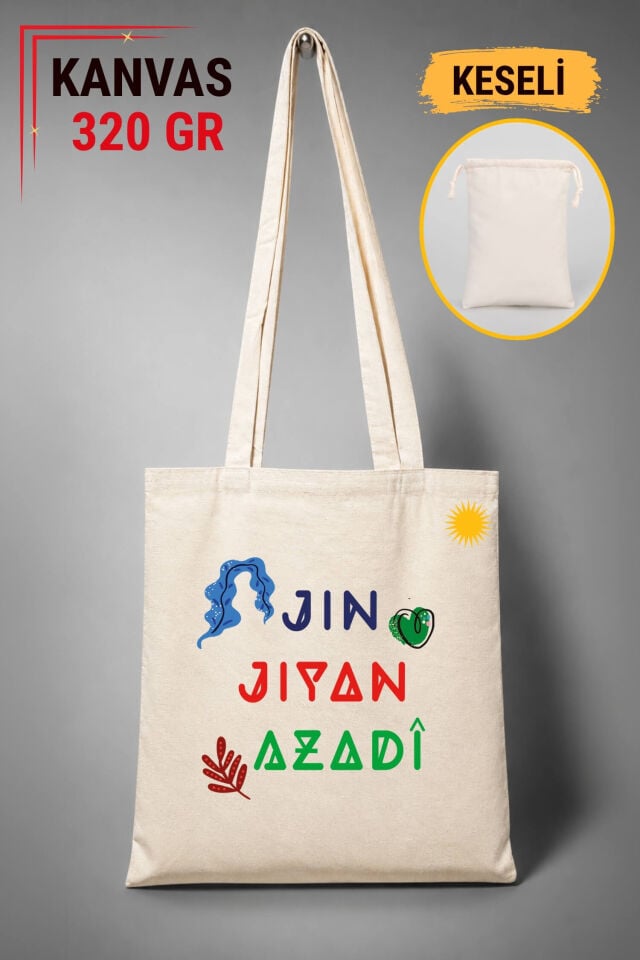 Jin Jiyan Azadi Tasarımlı Keseli Ham Renkli 320 gr Kanvas Bez Çanta | %100 Pamuk
