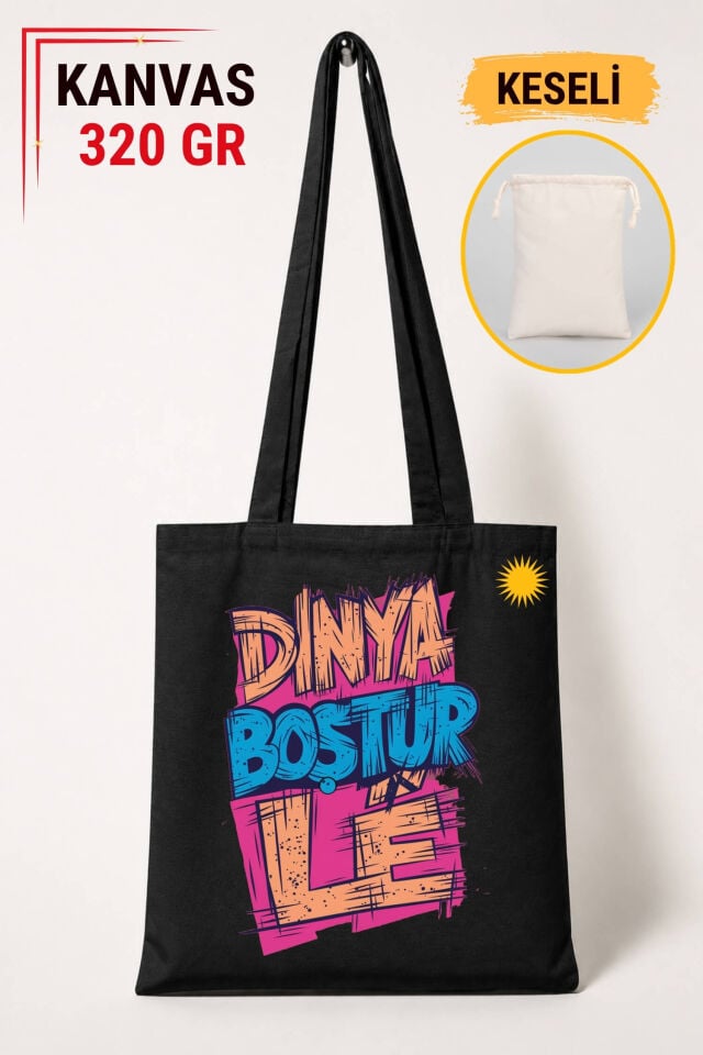 Dinya Dünya Boştur Lê Tasarımlı Keseli Siyah Renkli 320 gr Kanvas Bez Çanta | %100 Pamuk