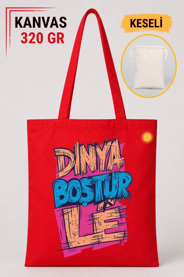 Dinya Dünya Boştur Lê Tasarımlı Keseli Kırmızı Renkli 320 gr Kanvas Bez Çanta | %100 Pamuk