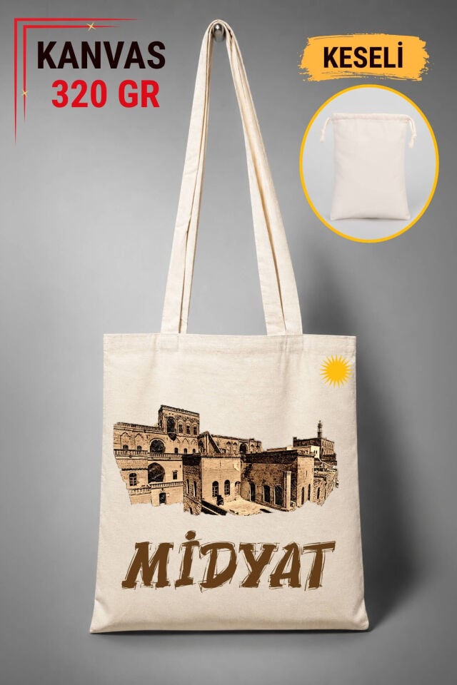 Midyat Şehri Tasarımlı Keseli Ham Renkli 320 gr Kanvas Bez Çanta | %100 Pamuk