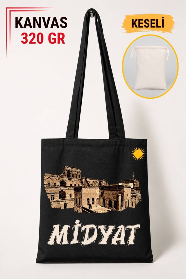 Midyat Şehri Tasarımlı Keseli Siyah Renkli 320 gr Kanvas Bez Çanta | %100 Pamuk