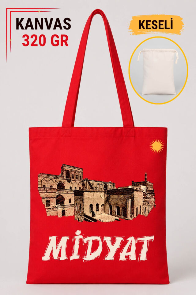 Midyat Şehri Tasarımlı Keseli Kırmızı Renkli 320 gr Kanvas Bez Çanta | %100 Pamuk