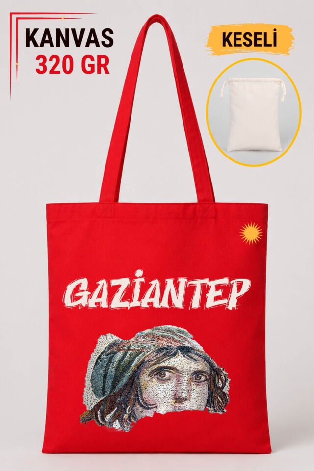 Gaziantep Şehri Tasarımlı Keseli Kırmızı Renkli 320 gr Kanvas Bez Çanta | %100 Pamuk