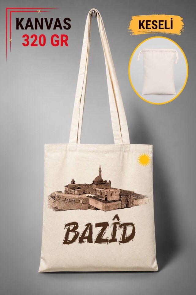 Bazîd Doğubeyazit İshak Paşa Sarayı Tasarımlı Keseli Ham Renkli 320 gr Kanvas Bez Çanta | %100 Pamuk