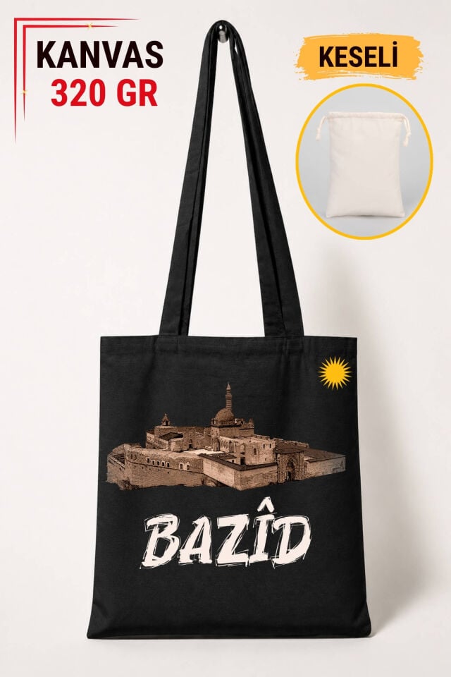 Bazîd Doğubeyazit İshak Paşa Sarayı Tasarımlı Keseli Siyah Renkli 320 gr Kanvas Bez Çanta | %100 Pamuk