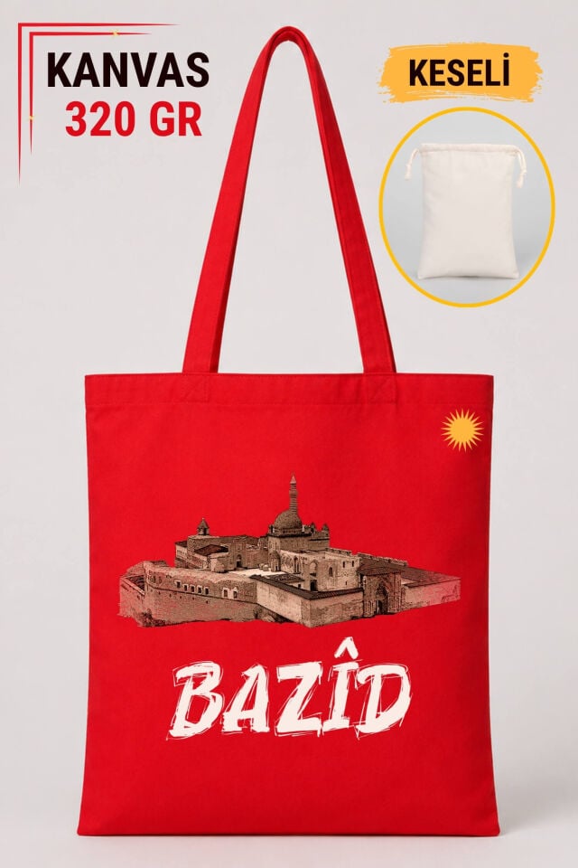 Bazîd Doğubeyazit İshak Paşa Sarayı Tasarımlı Keseli Kırmızı Renkli 320 gr Kanvas Bez Çanta | %100 Pamuk