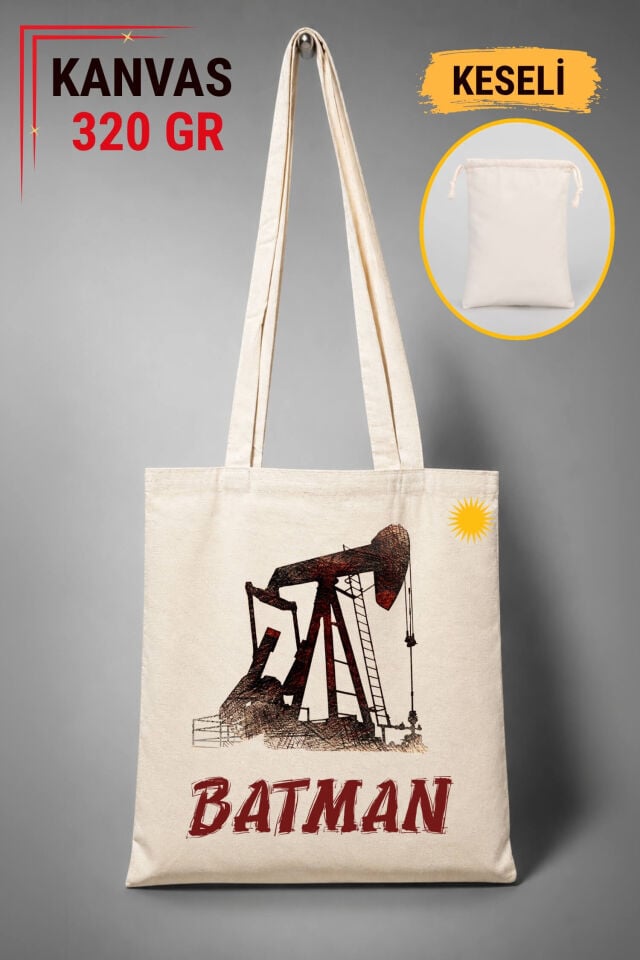 Batman Şehri Tasarımlı Keseli Ham Renkli 320 gr Kanvas Bez Çanta | %100 Pamuk