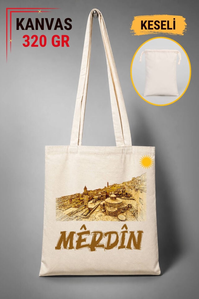 Mêrdin Mardin Şehri Tasarımlı Keseli Ham Renkli 320 gr Kanvas Bez Çanta | %100 Pamuk