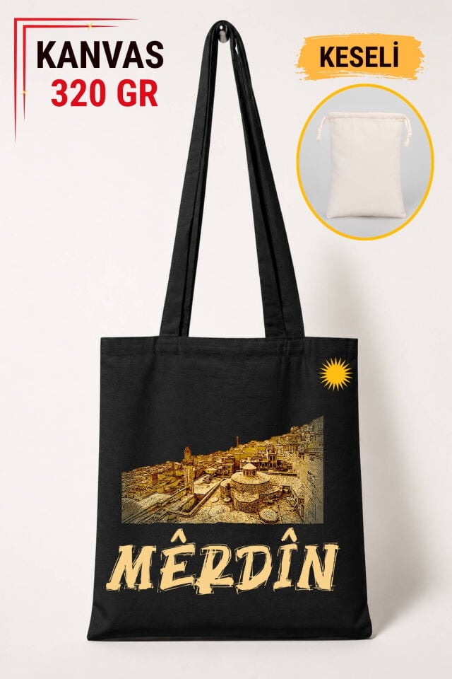 Mêrdin Mardin Şehri Tasarımlı Keseli Siyah Renkli 320 gr Kanvas Bez Çanta | %100 Pamuk