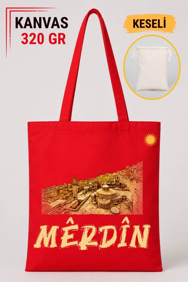 Mêrdin Mardin Şehri Tasarımlı Keseli Kırmızı Renkli 320 gr Kanvas Bez Çanta | %100 Pamuk
