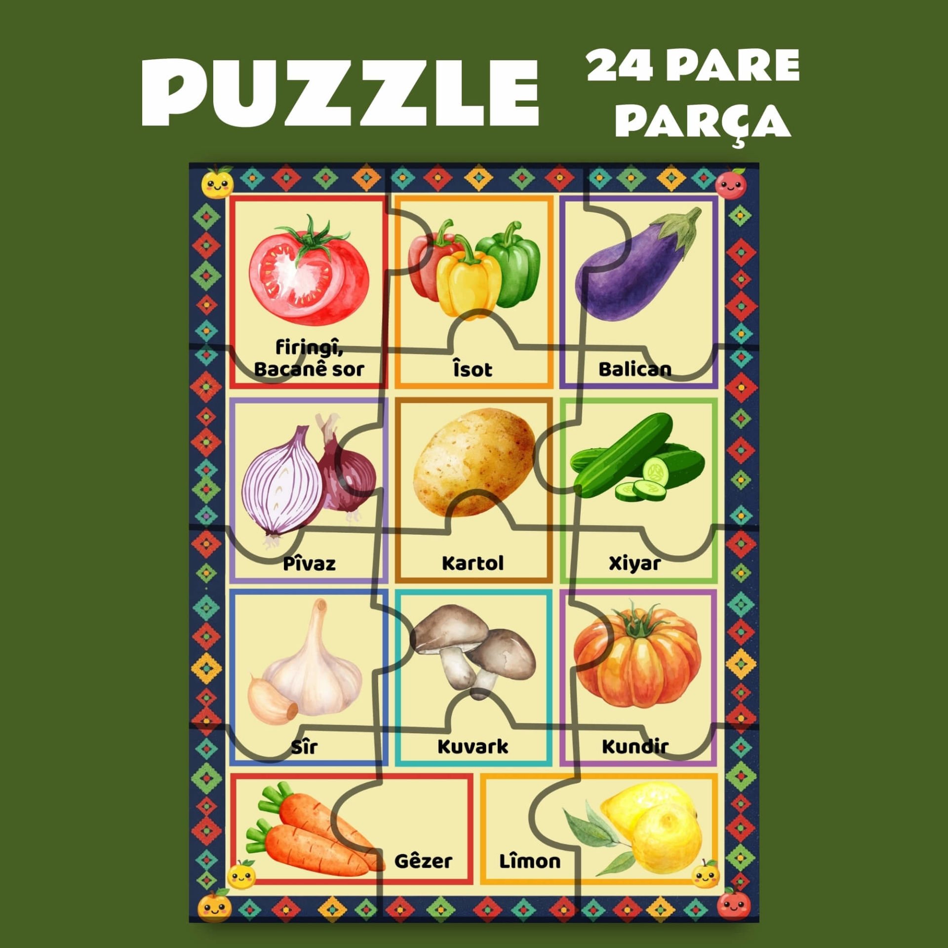 Pazil Bi Kurdî Sewze Sebzeler  - Kürtçe Puzzle Yapboz (24 Pare/Parça - A5)