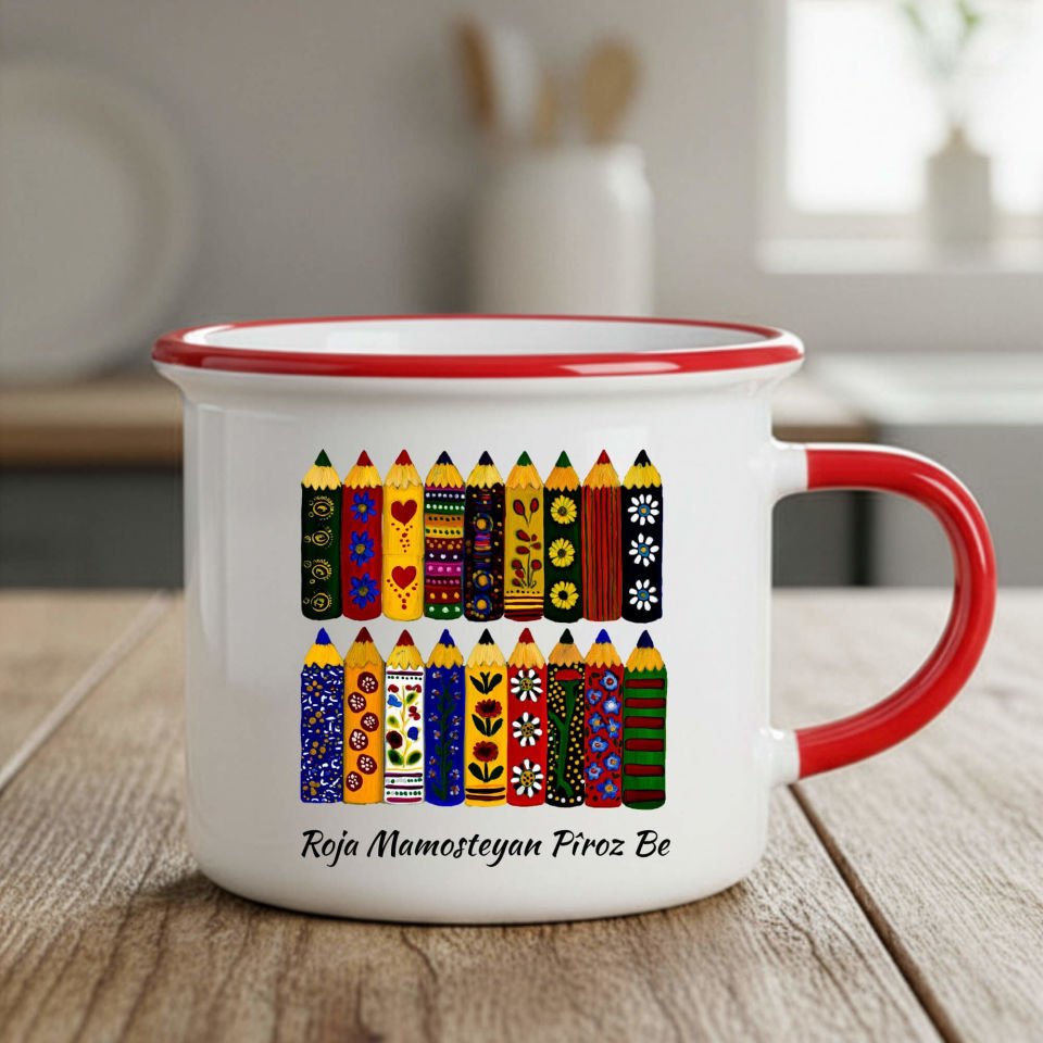 Kürtçe Öğretmenler Günü Mamoste Kırmızı Renkli Enamel Kupa Bardağı - Roja Mamosteyan Piroz Be Kupası