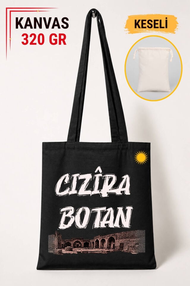 Cizîra Botan Cizre Şehri Tasarımlı Keseli Siyah Renkli 320 gr Kanvas Bez Çanta | %100 Pamuk
