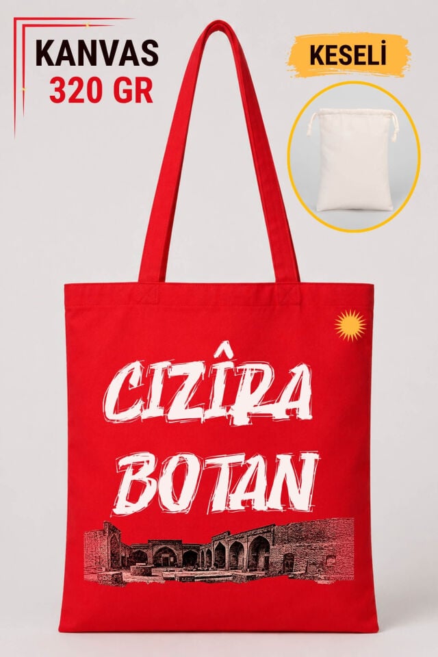 Cizîra Botan Cizre Şehri Tasarımlı Keseli Kırmızı Renkli 320 gr Kanvas Bez Çanta | %100 Pamuk