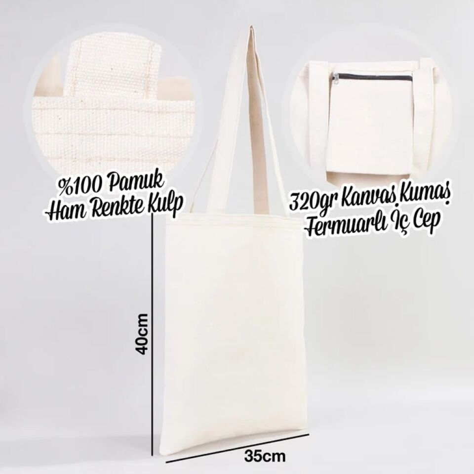 Guldexwin Ters Lale Tasarımlı İÇ CEPLİ 320 gr Kanvas Bez Çanta | %100 Pamuk