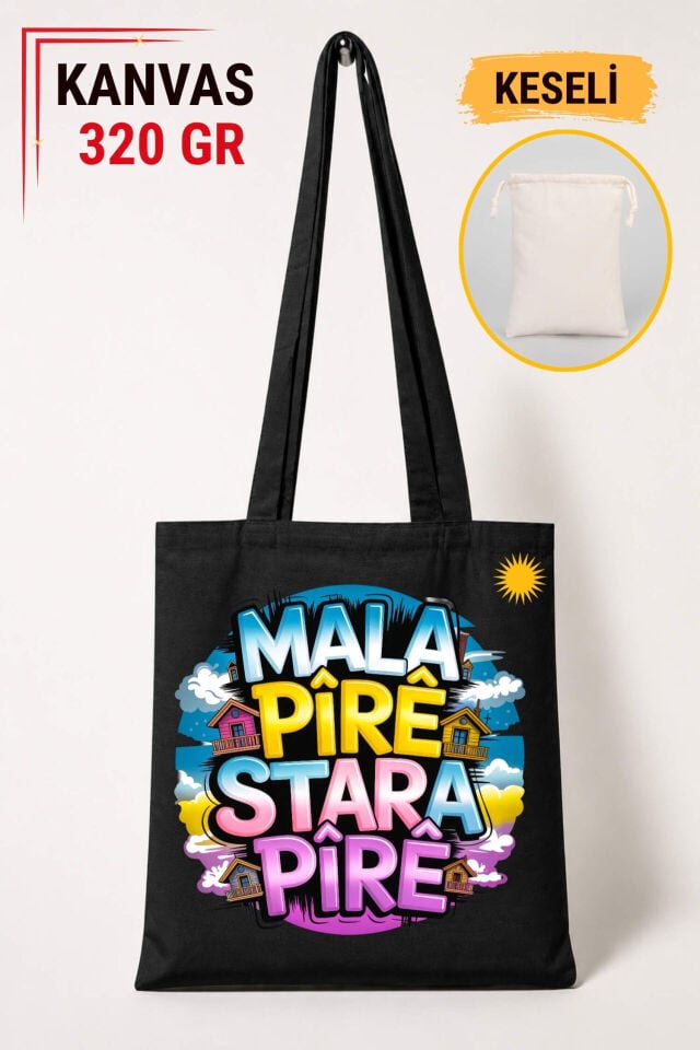 Mala Pîrê Stara Pîrê Tasarımlı Keseli Siyah Renkli 320 gr Kanvas Bez Çanta | %100 Pamuk