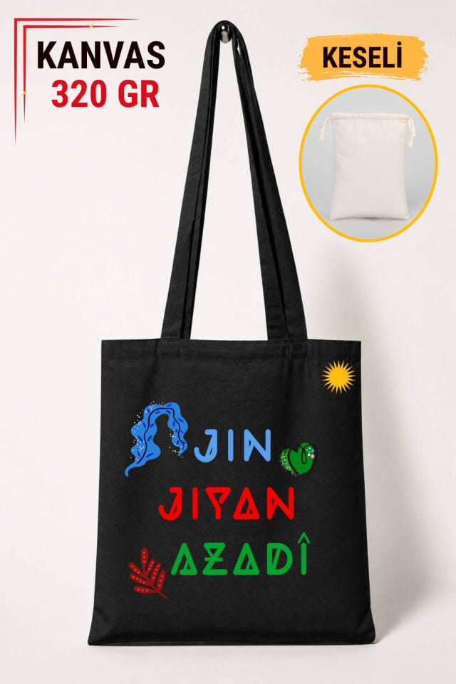 Jin Jiyan Azadi Yazılı Tasarımlı Keseli Siyah Renkli 320 gr Kanvas Bez Çanta | %100 Pamuk