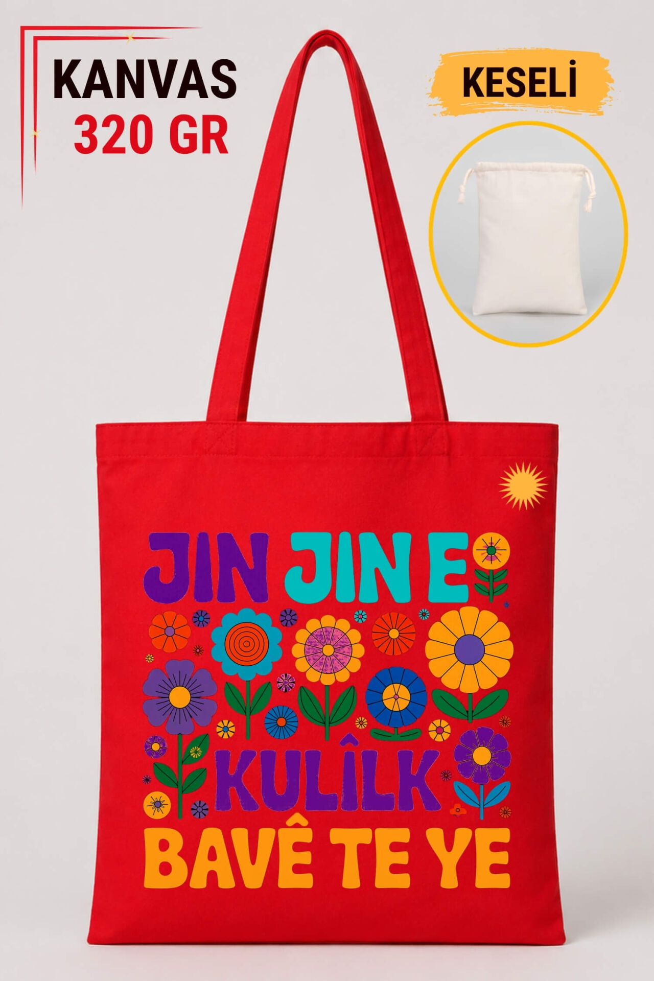 Jin Jin e Kulilk Bavê Te Ye Tasarımlı Keseli Kırmızı Renkli 320 gr Kanvas Bez Çanta | %100 Pamuk