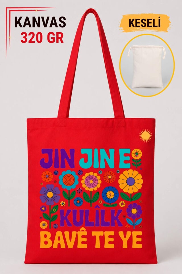 Jin Jin e Kulilk Bavê Te Ye Tasarımlı Keseli Kırmızı Renkli 320 gr Kanvas Bez Çanta | %100 Pamuk