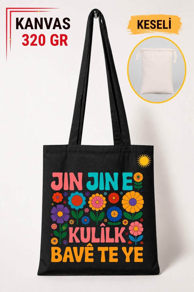 Jin Jin e Kulilk Bavê Te Ye Tasarımlı Keseli Siyah Renkli 320 gr Kanvas Bez Çanta | %100 Pamuk