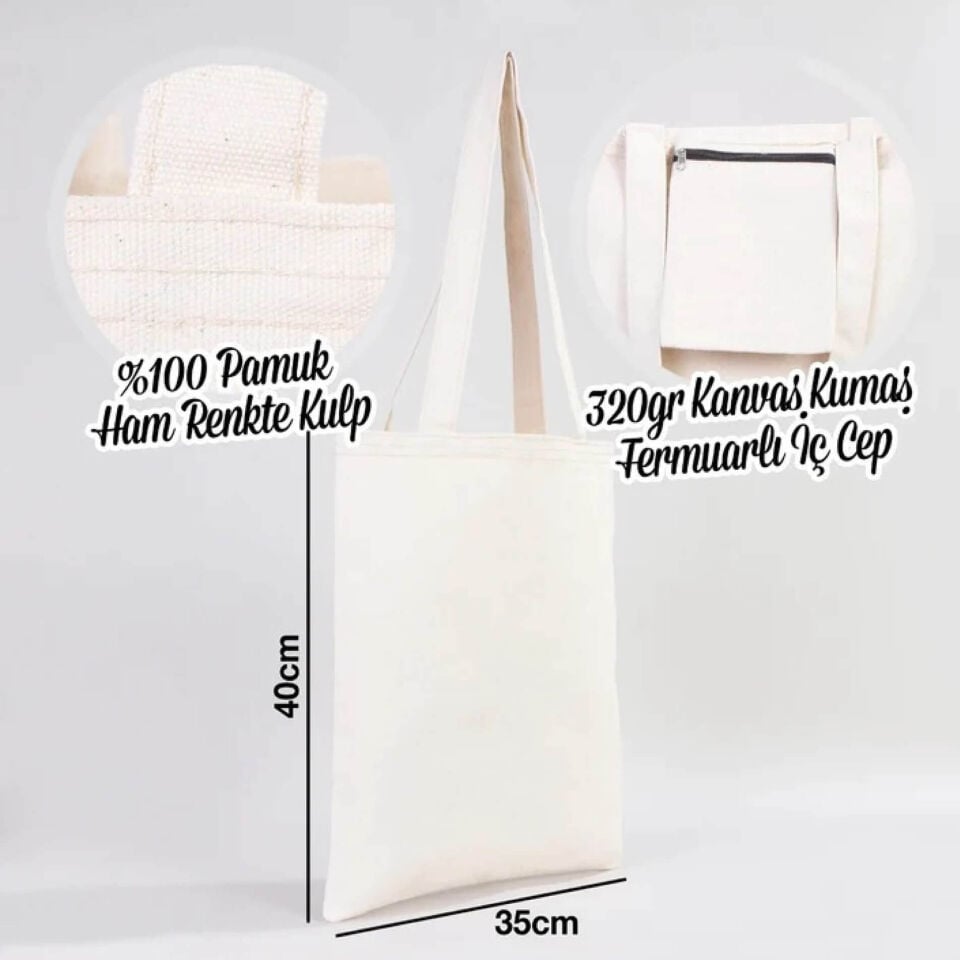 Jin Jin e Kulilk Bavê Te Ye Tasarımlı İÇ CEPLİ 320 gr Kanvas Bez Çanta | %100 Pamuk