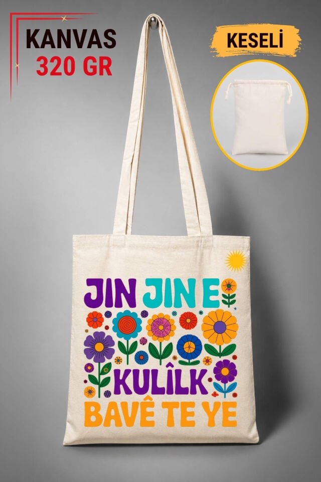 Jin Jin e Kulilk Bavê Te Ye Tasarımlı Keseli Ham Renkli 320 gr Kanvas Bez Çanta | %100 Pamuk