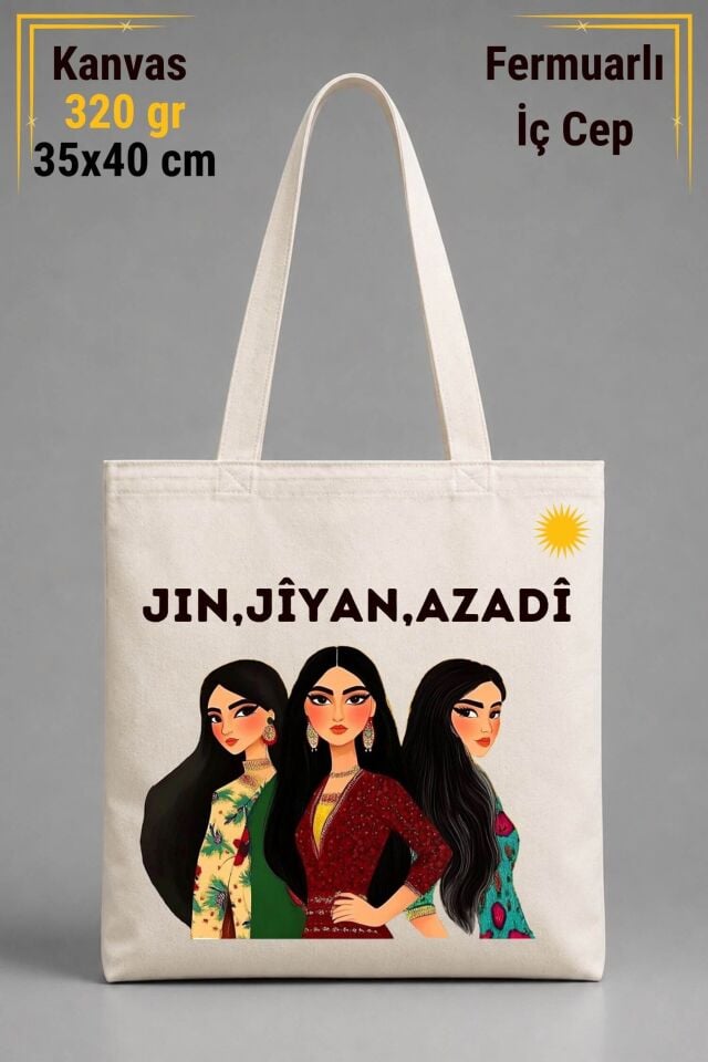 Jin Jin Azadi Yazılı Yöresel Kadınlar Tasarımlı İÇ CEPLİ 320 gr Kanvas Bez Çanta | %100 Pamuk