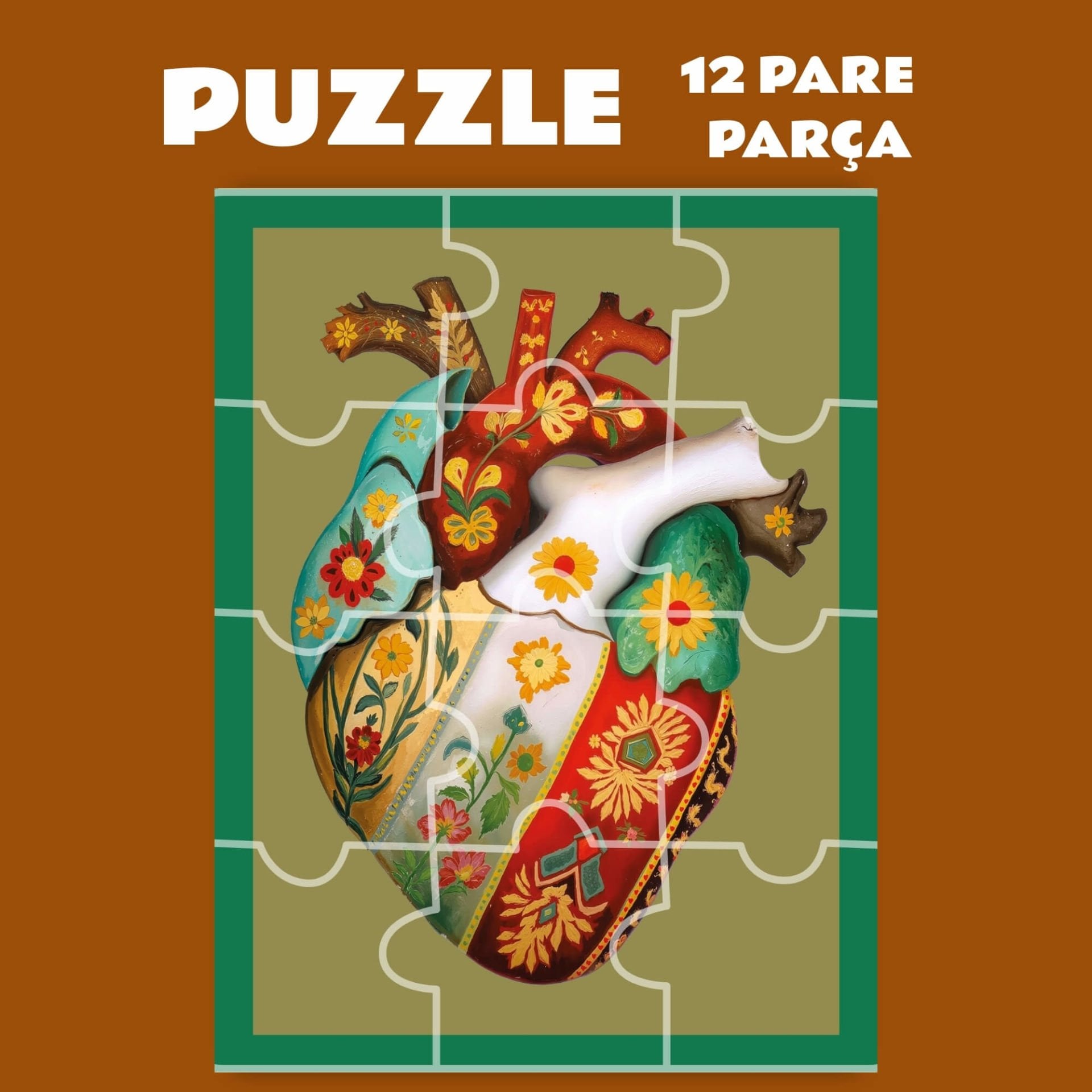 Kalp Tasarımlı Magnetli Puzzle Yapboz (12 Pare/Parça - A5)