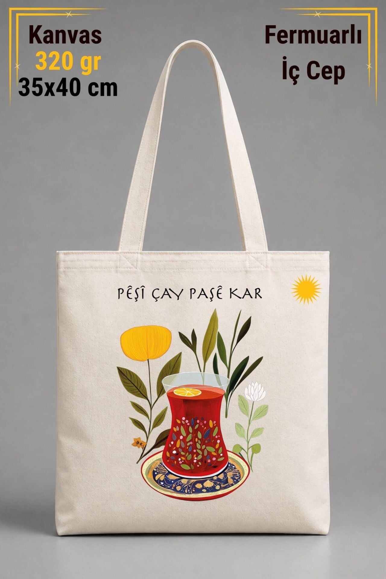 Pêşî Çay Paşê Kar Tasarımlı İÇ CEPLİ 320 gr Kanvas Bez Çanta | %100 Pamuk