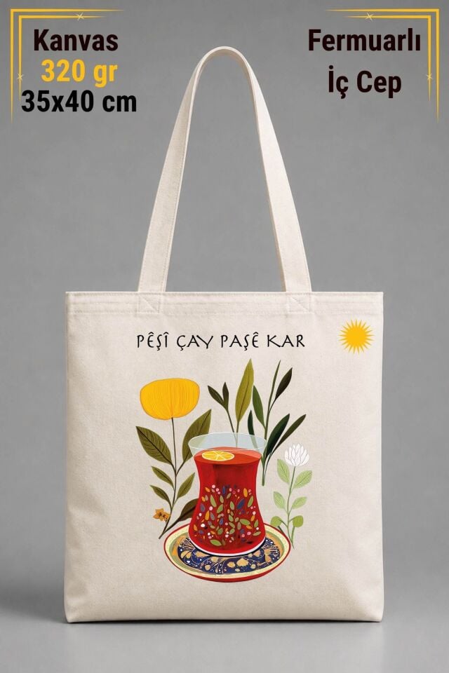 Pêşî Çay Paşê Kar Tasarımlı İÇ CEPLİ 320 gr Kanvas Bez Çanta | %100 Pamuk