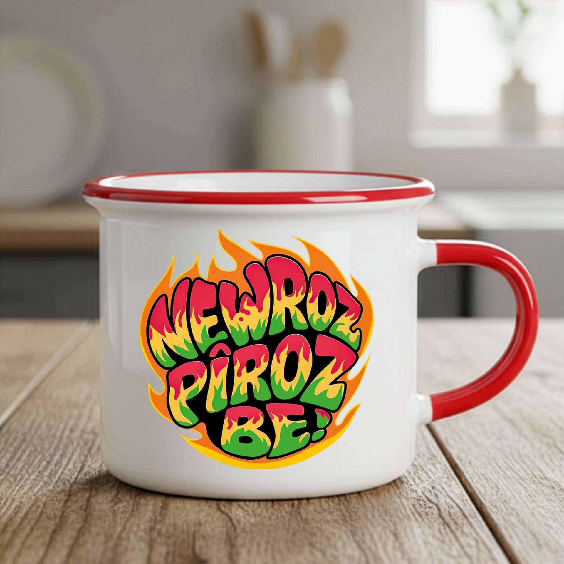 Newroz Pîroz be Ateş Tasarımlı Enamel Kırmızı Kupa Bardağı