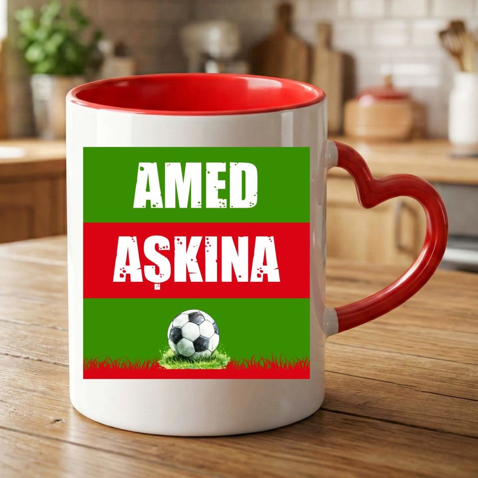Amed Aşkına Yeşil Kırmızı Tasarımlı Taraftar Spor Kırmızı Renkli Kalp Kupa Bardak