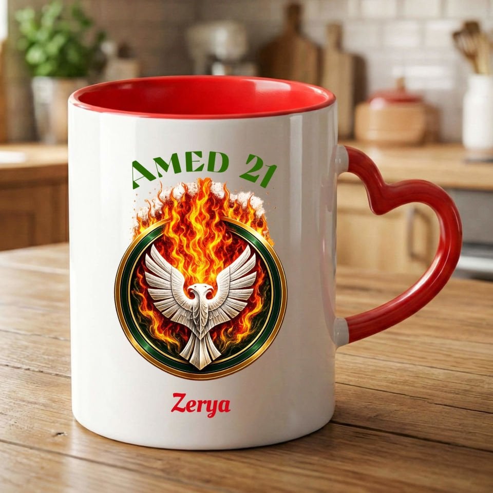 İsme Özel Amed 21 Kartal ve Ateş Tasarımlı Taraftar Spor Kırmızı Renkli Kalp Kupa Bardak