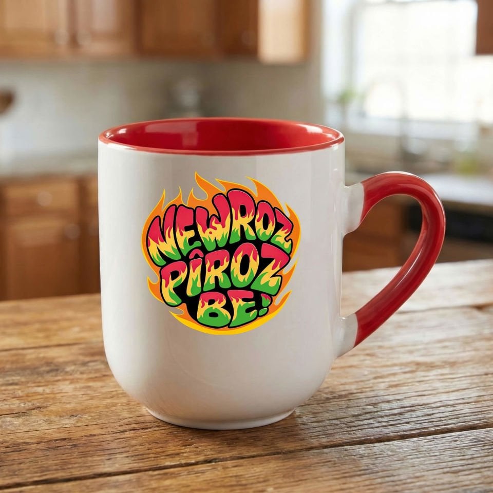 Newroz Pîroz Be Ateş Tasarımlı Oval Kırmızı Renk Porselen Kupa Bardak