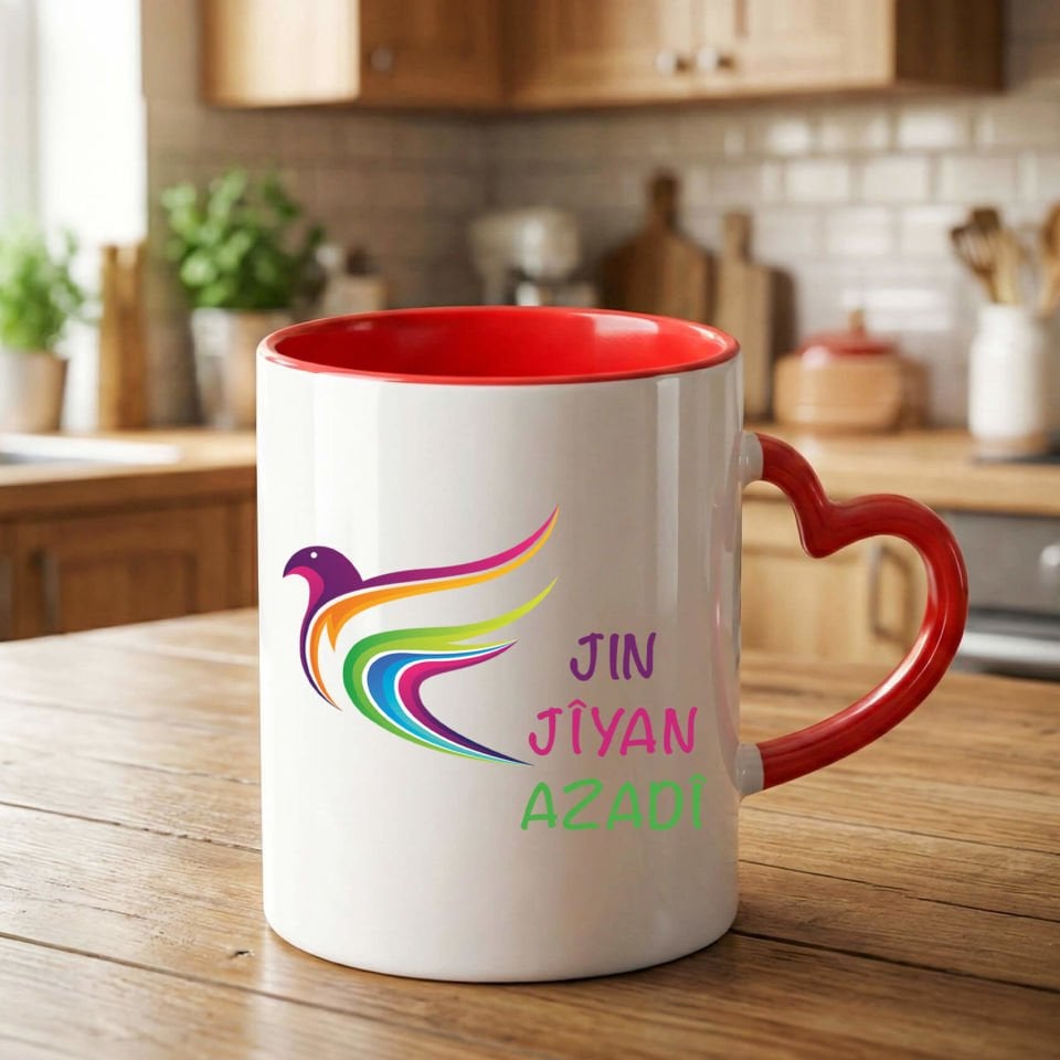 Jin Jiyan Azadi Tasarımlı Kırmızı Kalp Kupa Bardağı - Jin Jiyan Azadi Kalp Kupa Bardak